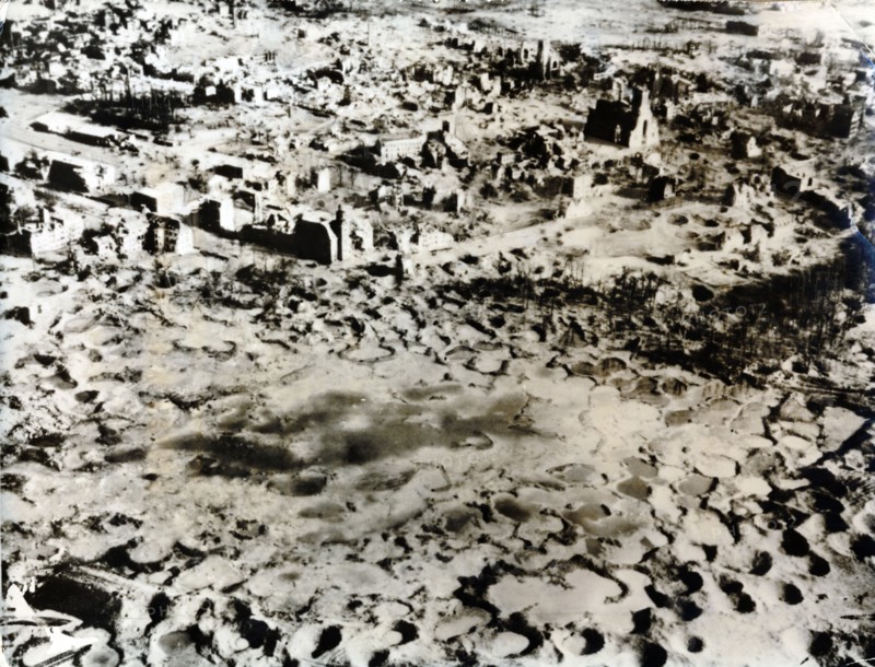 Rhine village destroyed by bombardment, c1940. Artist: Unknown
