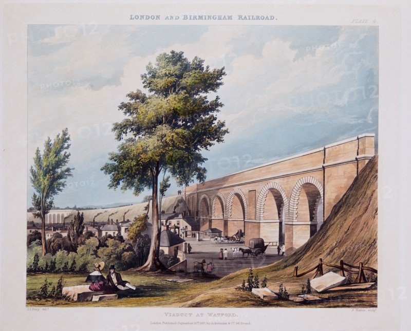 Viaduct at Watford, published 1837 (hand coloured engraving)