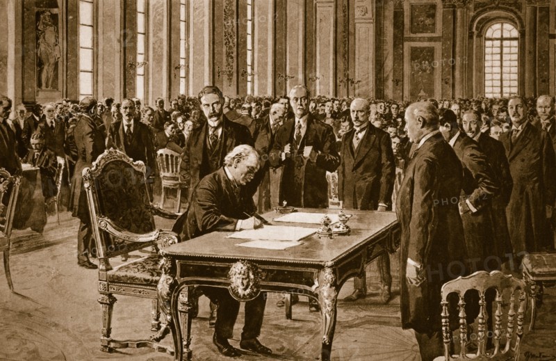 Britain's Prime Minister signing the Treaty of Peace with Germany in the Hall of Mirrors at Versaill