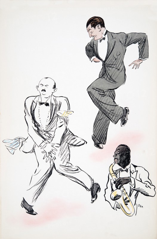 Two gentleman in black tie dancing to jazz, played by a musician on the saxophone, from 'White Botto