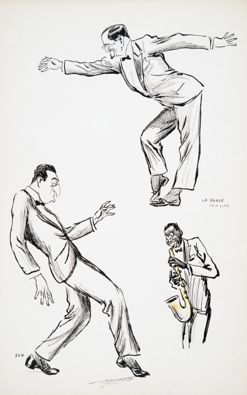 Two gentlemen in black tie perform La Danse Havas to the saxophone, from 'White Bottoms' pub. 1927.