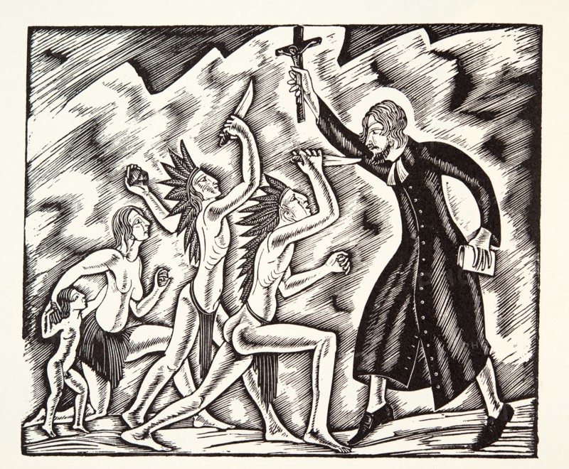 The Attack,  from The Travels and Sufferings of Father Jean de Brebeuf, 1938, (wood engraving).