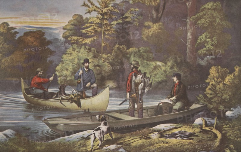 Life In The Woods, 'Returning to Camp' , pub. 1860, Currier & Ives (Colour Lithograph)