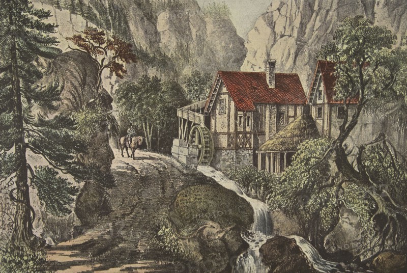 Puzzle Picture - Old Swiss Mill, pub. 1872, Currier & Ives (Colour Lithograph)