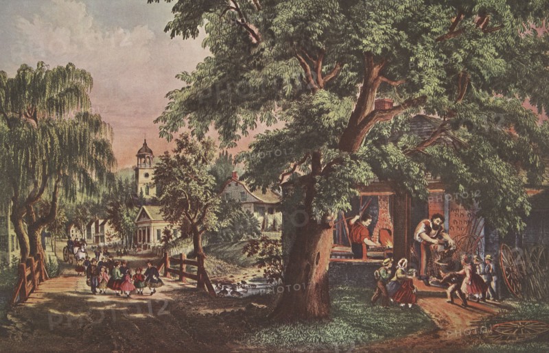 The Village Blacksmith,  pub. 1864, Currier & Ives (Colour Lithograph)