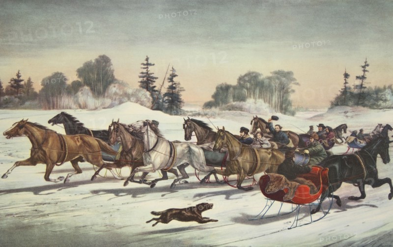 'Trotting Cracks' on The Snow, Currier & Ives (Colour Lithograph)
