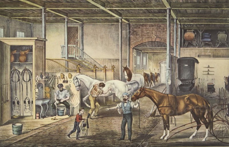 'Trotting Cracks' At Home, A Model Stable, pub. 1868, Currier & Ives (Colour Lithograph)