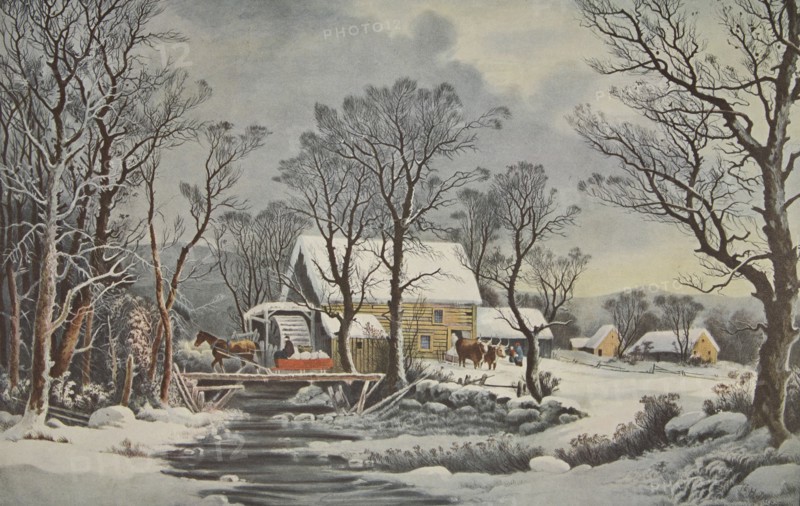 Winter In The Country - The Old Grist Mill, pub. 1864, Currier & Ives (Colour Lithograph)