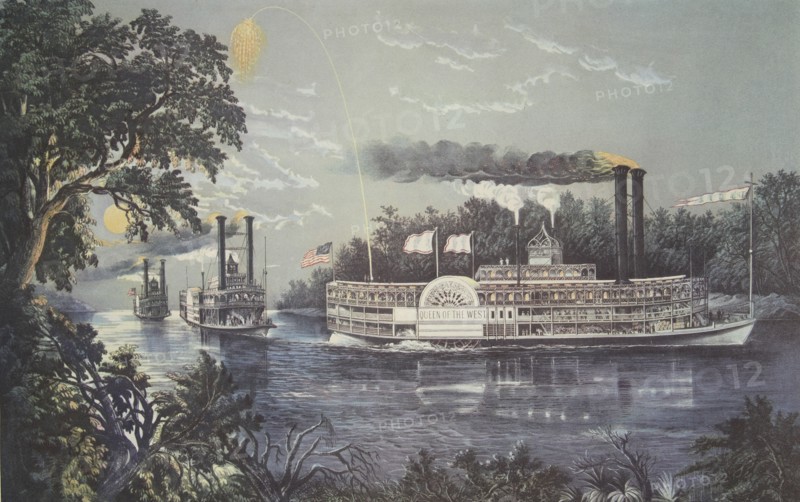 Rounding A Bend On The Mississippi, Steamboat Queen of the West,  pub. 1866