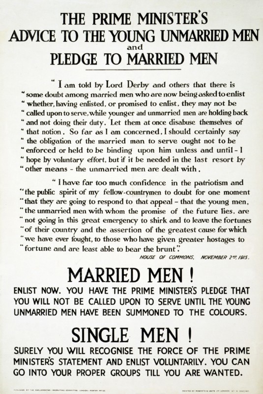 Recruitment Poster The Prime Minister's Advise to the Young Unmarried Men and Pledge to Married Men