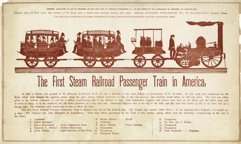 The First Steam Railroad Passenger Train in America, c.1870.