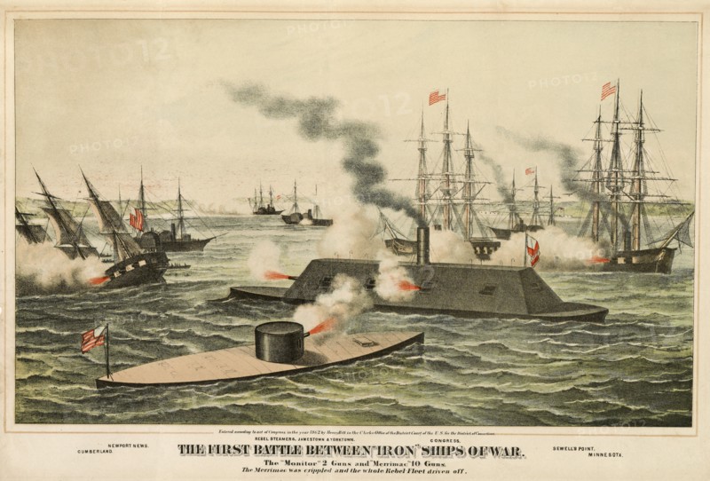 The First Battle Between 'Iron' Ships of War, published c.1862.