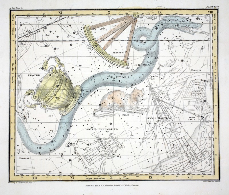 The Constellations (Plate XXVI) Hydra, Sextan's Uraniae, Le Chat, La Machine Pneumatique, 1822.
