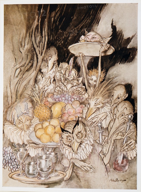 Enter several strange Shapes, bringing in a banquest ?.inviting the King, etc. to eat, illustration