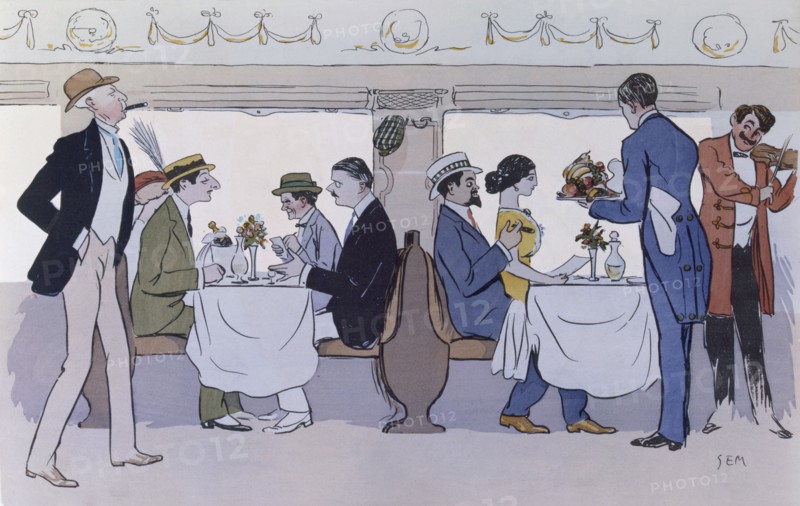 Restaurant Car on the Paris to Nice Train, pub. 1913 (colour lithograph)