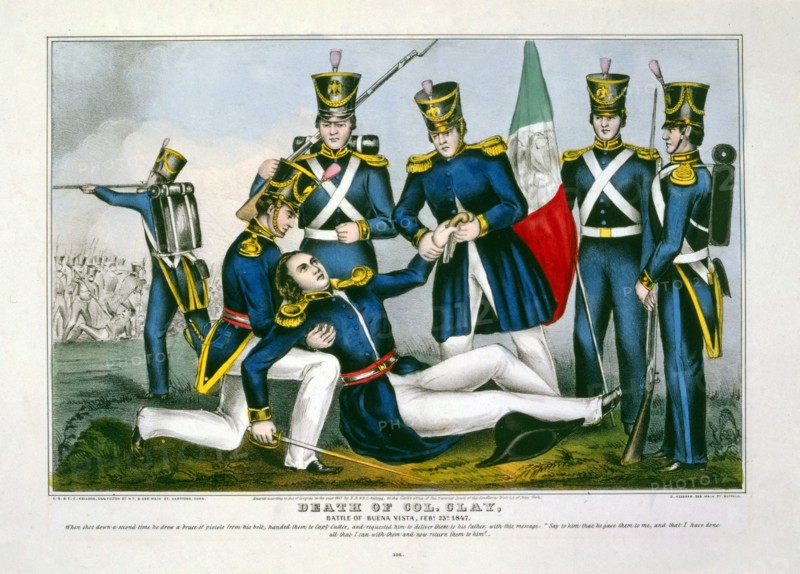 Death of Col. Clay, Battle of Buena Vista, Feby. 23d, 1847, pub. 1847 (hand coloured engraving)