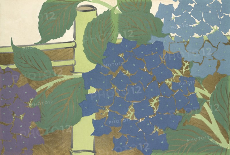 Ajisai, from Momoyo-gusa (The World of Things) Vol II, pub.1909 (colour block woodcut)