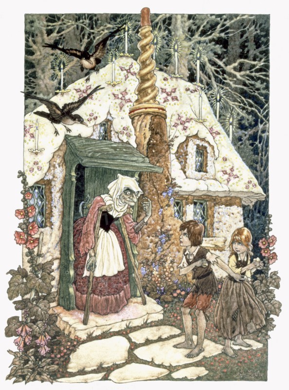 Hansel and Grethel from Grimms Fairy Tales, pub. 1911 (colour lithograph)
