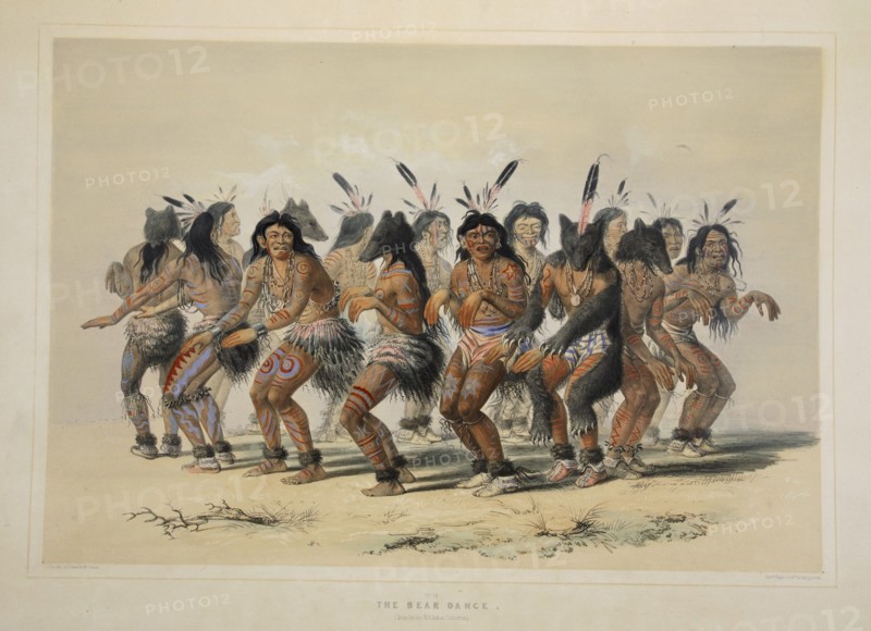 The Bear Dance, pub. 1845 (colour lithograph). Creator: George Catlin (1796 - 1872).