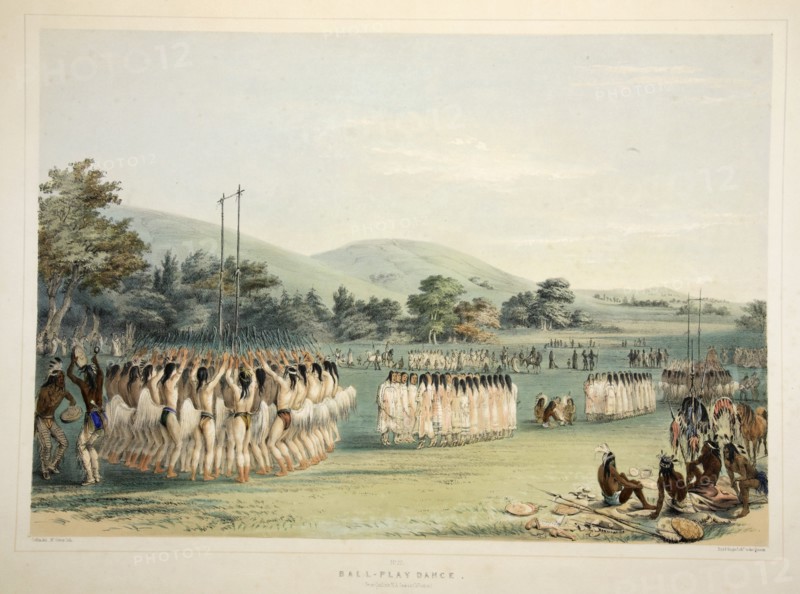 Ball-Player Dance, pub. 1845 (colour lithograph). Creator: George Catlin (1796 - 1872).