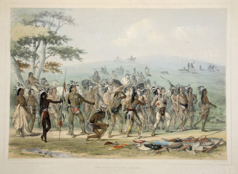 Archery of the Mandans , pub. 1845 (colour lithograph). Creator: George Catlin (1796 - 1872).