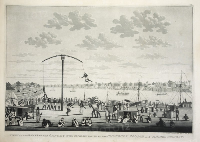 View on the Banks of the Ganges with representation of the Churruck Poojah ?, pub. 1810 (engraving). Creator: James Moffat (1775 - 1815).