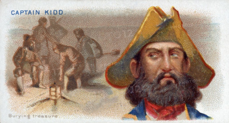 Cigarette Card Captain Kidd, Burying Treasure, pub. 1888 (colour lithograph). Creator: American School (19th Century).