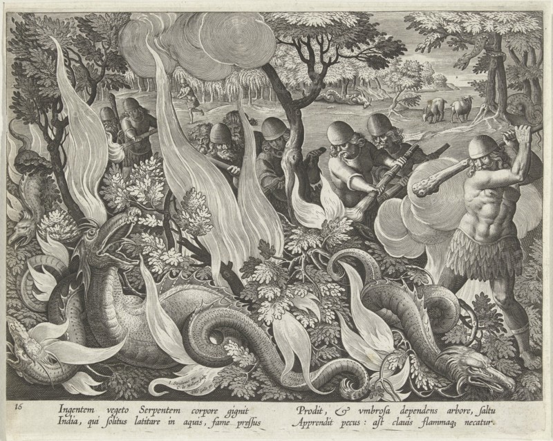 Catching Serpents in India Using Clubs and Torches to Light the Undergrowth, pub. 1640 (engraving). Creator: Straet, Jan van der (Joannes Stradanus) (1523-1605).
