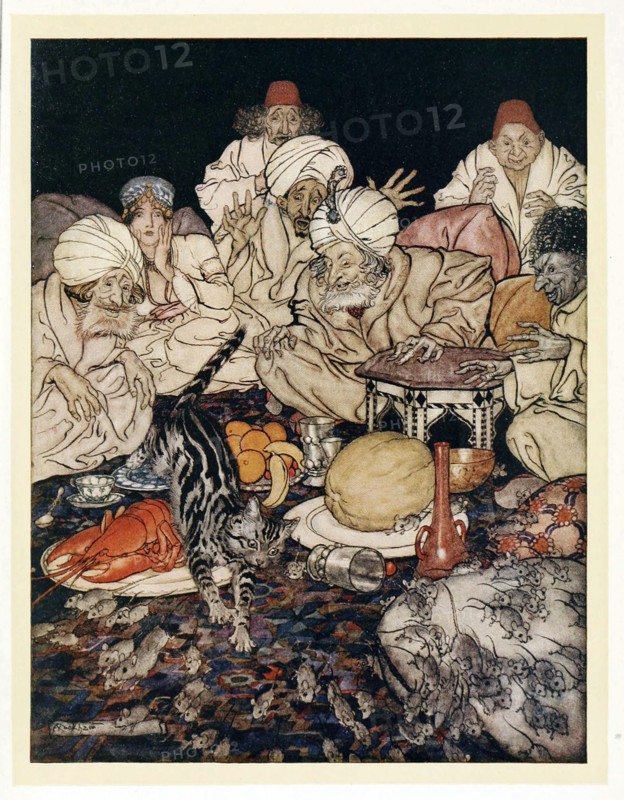 When Puss saw the rats and mice, she didn't wait to be told, from English Fairy Tales, pub. 1922. Creator: Arthur Rackham (1867 - 1939).