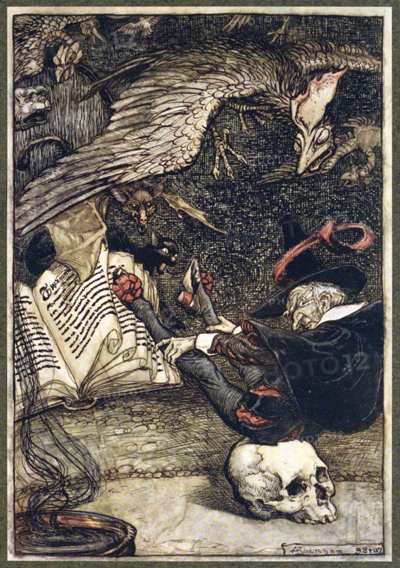 The little man had seated himself in the centre of the circle upon the large skull, pub. 1907. Creator: Arthur Rackham (1867 - 1939).