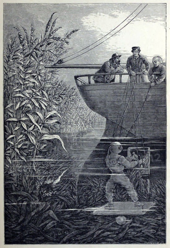 Clearing the Screw, from Under the Waves, or Diving in Deep Waters, pub. 1887. Creator: English School (19th Century).