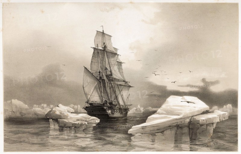 Corvettte La Recherche near Bear Island on 7th August, 1838,  from Voyages en Scandinavie, 1852. Creator: Francois Auguste Biard (1798 - 1882).