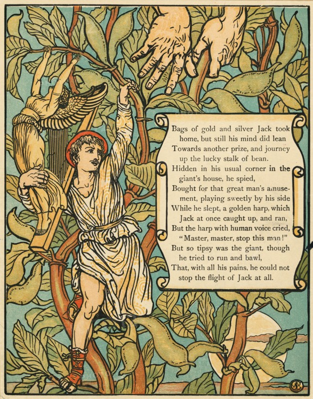 Jack descending the Beanstalk from Jack and the Beanstalk pub. 1875 (colour lithograph), 1875. Creator: Walter Crane (1845 - 1915).