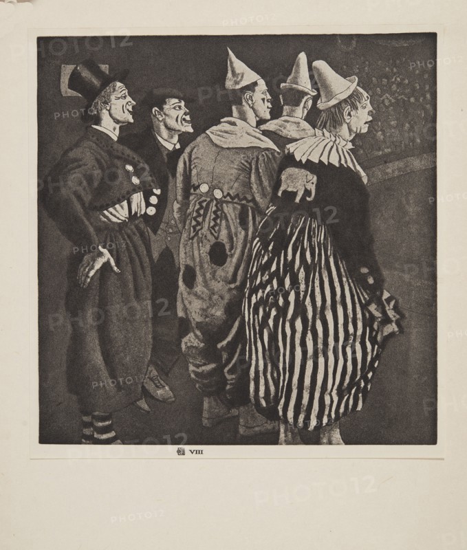Five Clowns, pub. 1926. Creator: Laura Knight (1877 - 1970).
