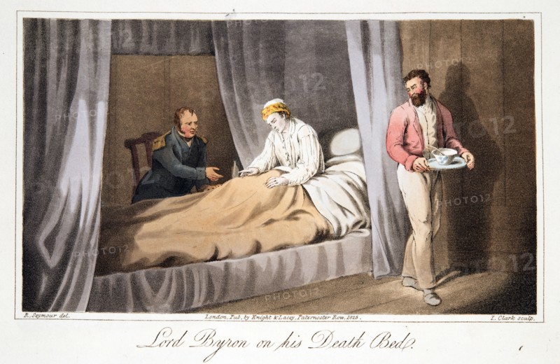 Lord Byron on his death bed, pub. 1825. Creator: Robert  Seymour (1798 - 1836).