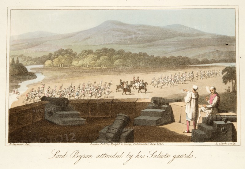 Lord Byron attended by his Suliote Guards, pub. 1825. Creator: Robert  Seymour (1798 - 1836).