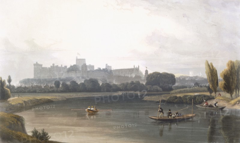 Windsor Castle from the River Thames: a West view, and fishing from punts, c1827-30. Creator: William Daniell (1769-1837).