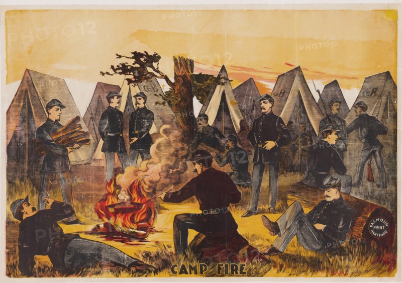 Camp Fire, pub. c1865 (colour lithograph) Creator: American School (19th Century).