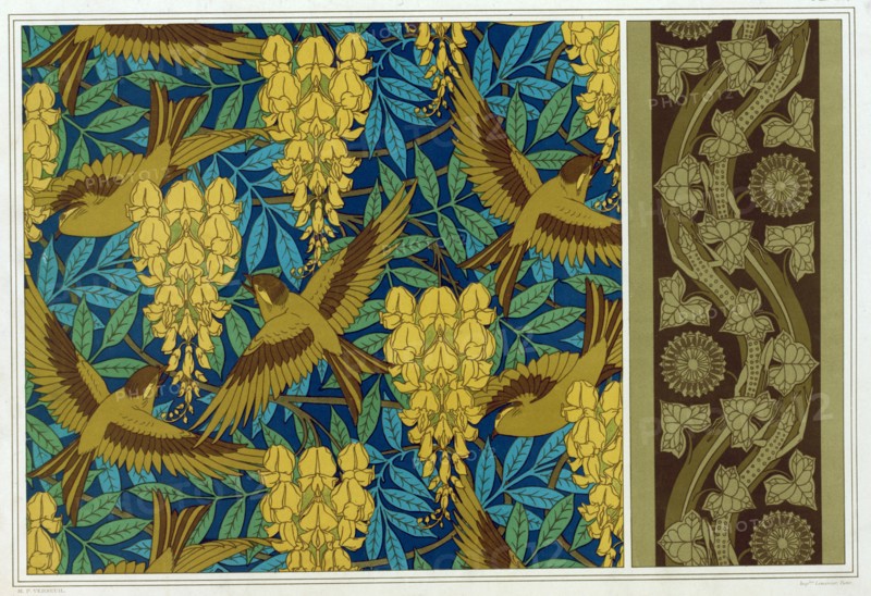 Designs for Birds and Wisteria Hanging and wallpaper border with Lizards and Ivy,  pub. 1897. Creator: Maurice Pillard Verneuil (1869?1942).