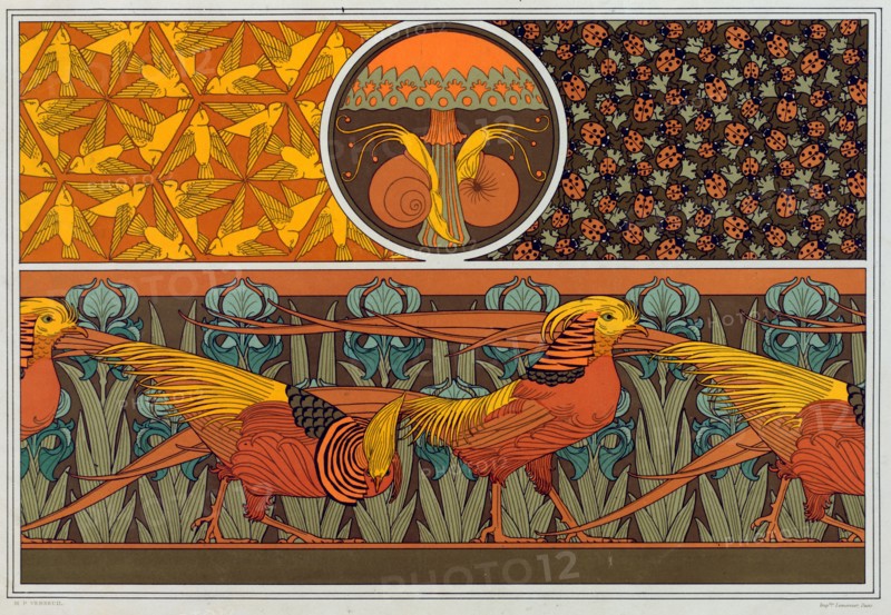 Designs for wallpaper border and fabric: "Birds"; Ladybirds and Maiden Hair Fern", pub. 1897. Creator: Maurice Pillard Verneuil (1869?1942).