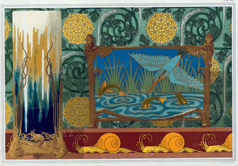 Designs for Bronze Vase Support, Wallpaper and border, and Enamel and Bronze Jardiniere,  pub. 1897. Creator: Maurice Pillard Verneuil (1869?1942).