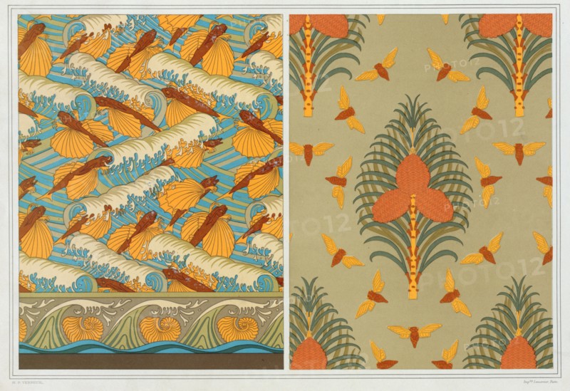 Designs for wallpaper "Flying Fish and Waves", pub. 1897. Creator: Maurice Pillard Verneuil (1869?1942).