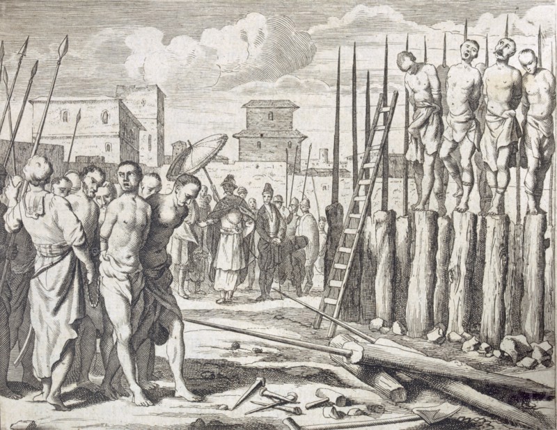 The Impaling of Some rebells?', Punishment: Massacre by impalement, pub. 1672. Creator: Philip Baldaeus (1632-1672).