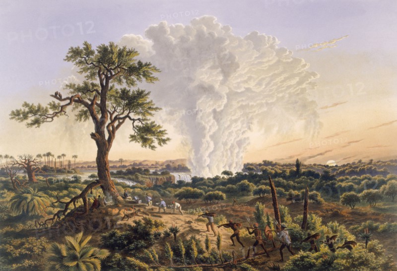 The Falls by Sunrise with the spray cloud rising 1,200 feet, pub. 1865.  Creator: Thomas Baines (1820-75).