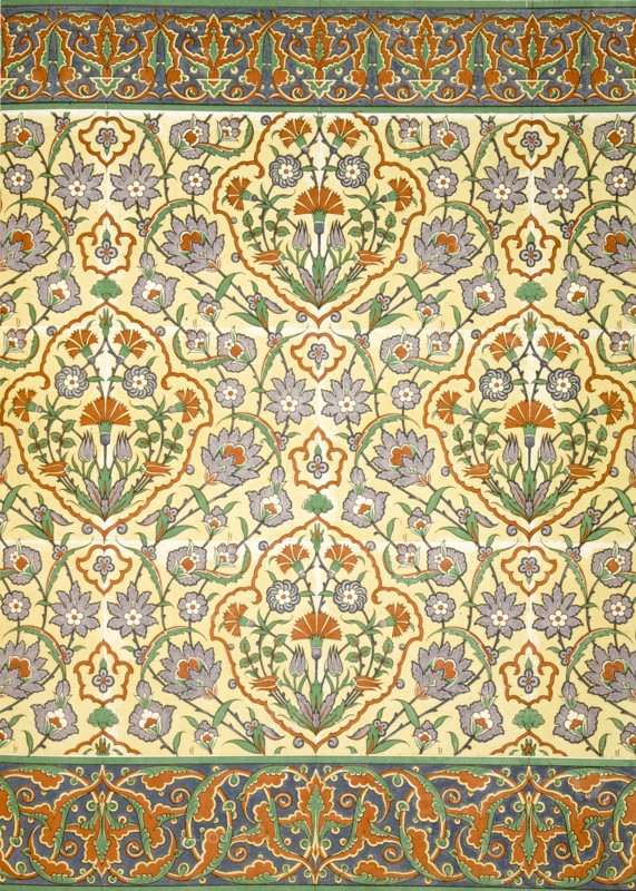 Faience mural with border using highly stylised repeating patterns of vegetal and floral forms, pub. Creator: Emile Prisse d'Avennes (1807-79).