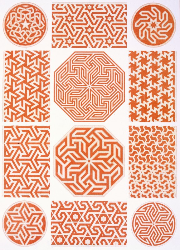 Studies of stucco decoration: various geometric patterns, pub. 1877. Creator: Emile Prisse d'Avennes (1807-79).