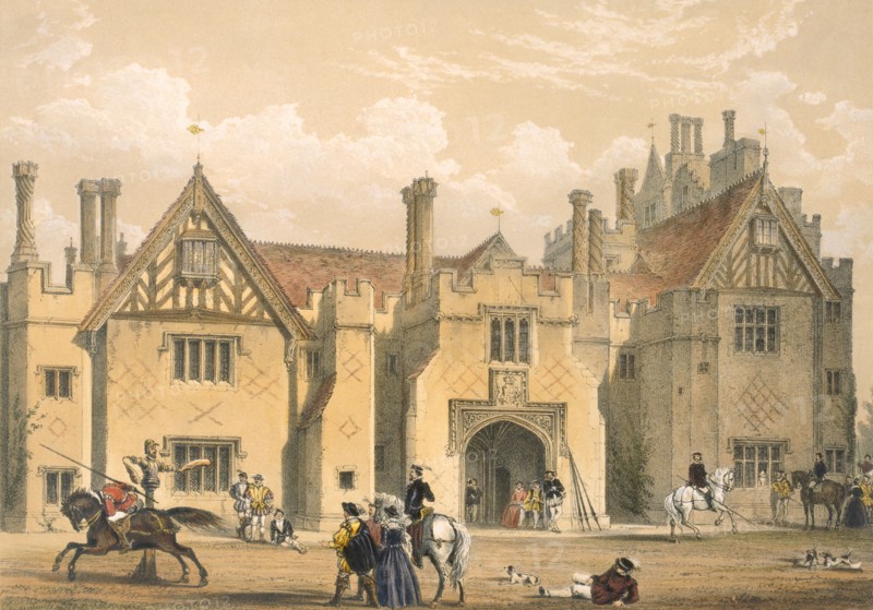 Joust practice, Compton Wynyates, Warwick, mid 1600s. Creator: Joseph Nash (1809-78).