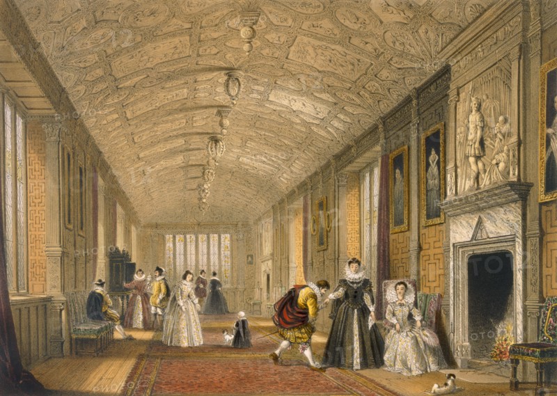 The Long Gallery at Lanhydrock, Cornwall, 1600. Creator: Joseph Nash (1809-78).