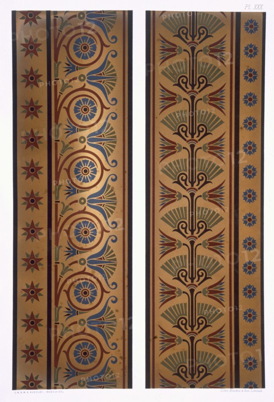 Vertical bands or borders in dark colours on gold ground, pub. 1892. Creator: George Ashdown Audsley (1838-1925).