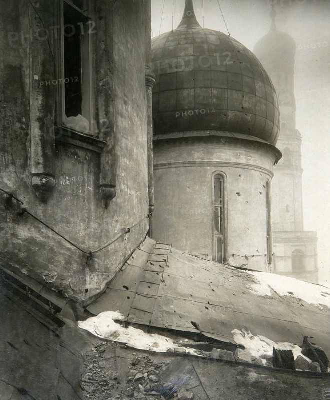The Cathedral of the Dormition in the Moscow Kremlin after shelling in November 1917. Artist: Pyotr Petrovich Pavlov